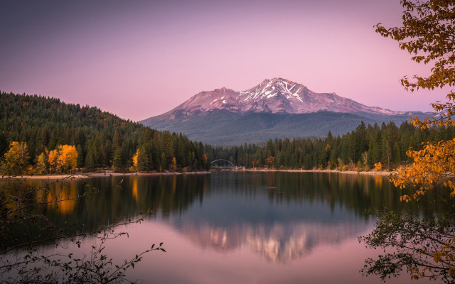 Mountain lake forests bridge autumn free wallpaper - medium preview image