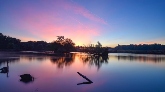 Lake sunset trees reflection clouds free wallpaper - medium preview image