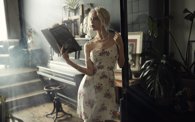 Woman dress book piano floral free wallpaper - medium preview image