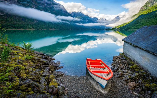 Lake mountains shore boat clouds #2 free wallpaper - medium preview image