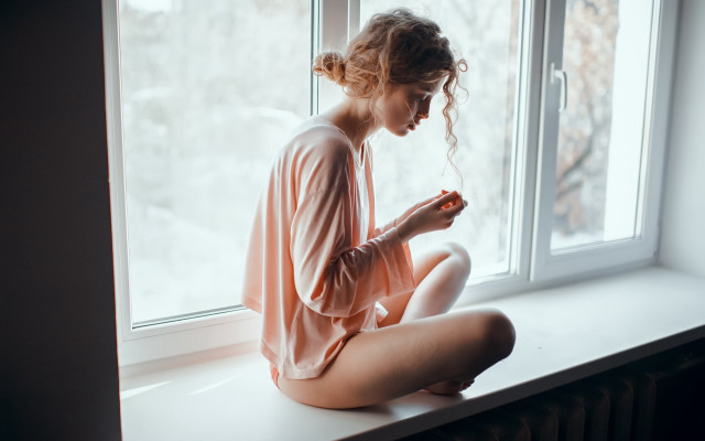 Woman sitting window snow romanticism free wallpaper - medium preview image