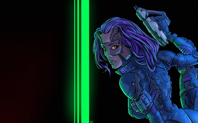 Futuristic woman green saber cyberpunk free wallpaper - medium preview image