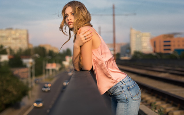 Woman city railway bokeh denim free wallpaper - medium preview image