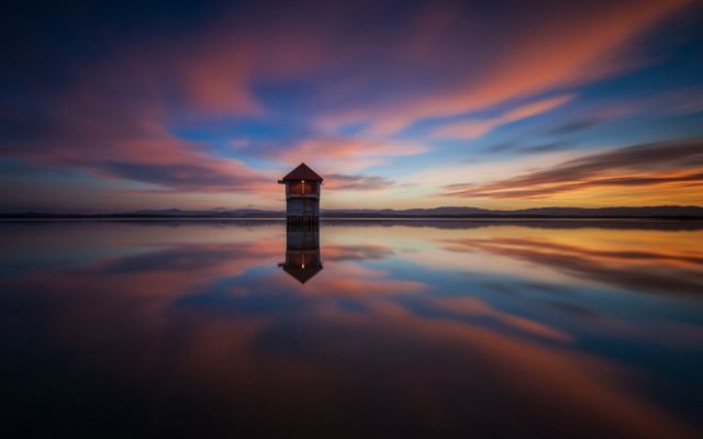 Small house lake sunset clouds free wallpaper - medium preview image