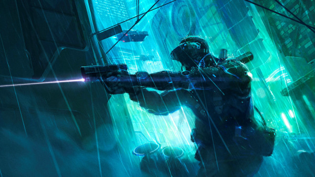 Futuristic city man raingun cyberpunk free wallpaper - medium preview image