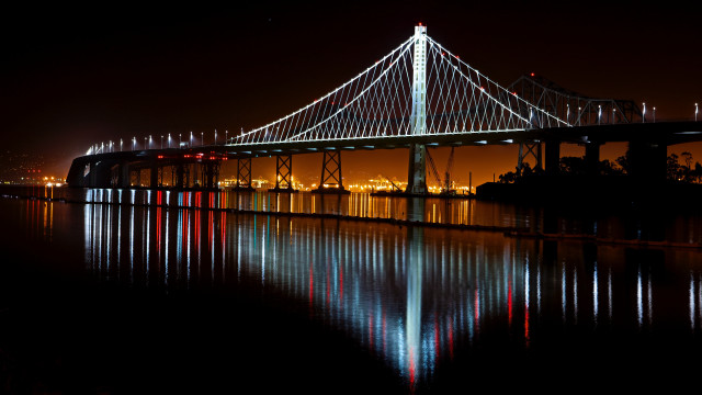 Bridge reflection night lights cityscape free wallpaper for desktop - medium preview image