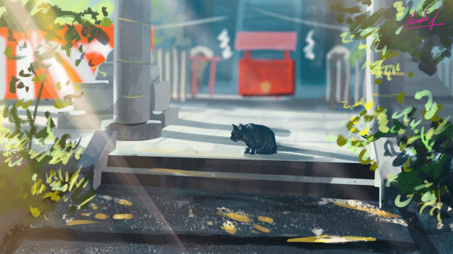 Black cat sidewalk tree building free wallpaper - medium preview image