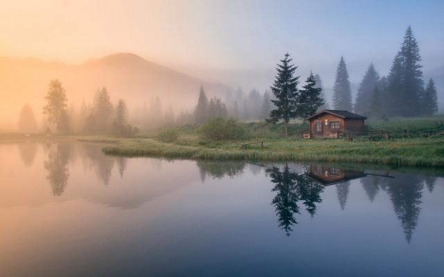 Cabin lake mountains fog reflection free wallpaper - medium preview image