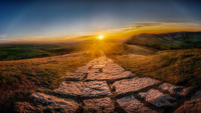 Sun hill path grass rocks free wallpaper - medium preview image