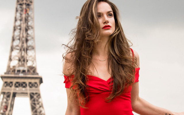 Eiffel tower red dress blowing free wallpaper - medium preview image