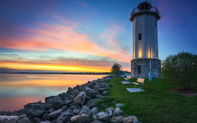 Lighthouse rocky shore sunset bench free wallpaper - medium preview image