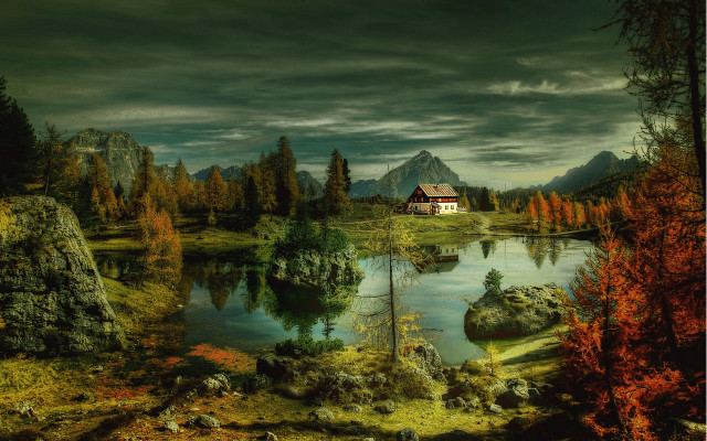 House woods lake mountain clouds free wallpaper - medium preview image