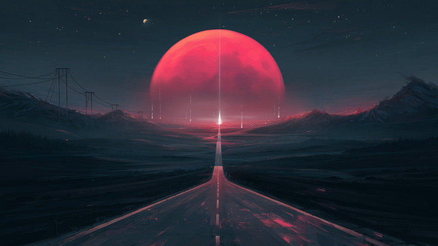 Red moon over mountain road free wallpaper - medium preview image