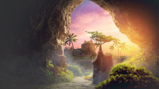 Cave man castle palm sunset free wallpaper - medium preview image