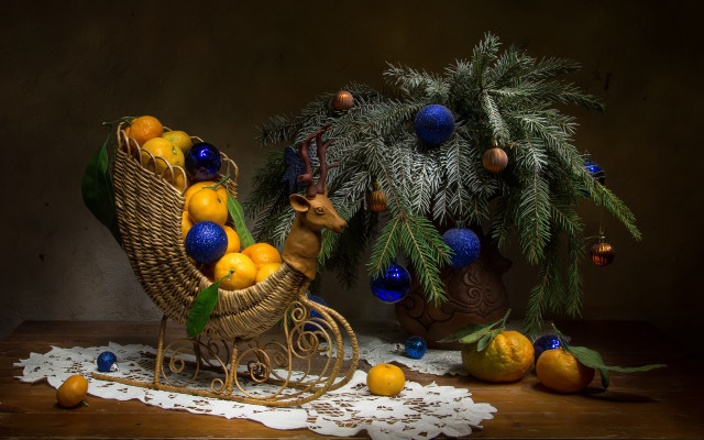 Christmas rockingchair oranges pinecones stilllife free wallpaper - medium preview image