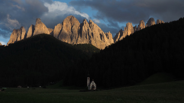 Church field mountains sunset clouds free wallpaper - medium preview image