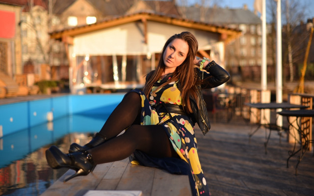 Woman bench pool floral dress free wallpaper - medium preview image