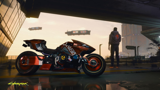 Futuristic cyberpunk motorcycle man outdoors free wallpaper - medium preview image