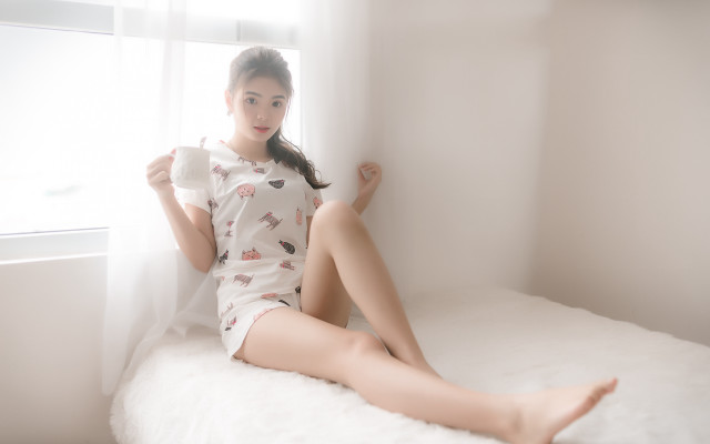 Woman sitting barefeet cup window free wallpaper - medium preview image