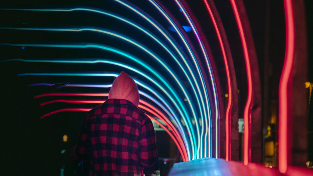 Neon tunnel man outstretched cyberpunk free wallpaper - medium preview image