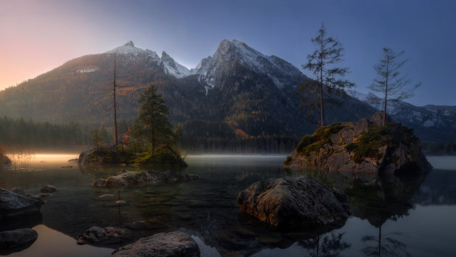 Mountain lake forest foggy sunset #2 free wallpaper - medium preview image