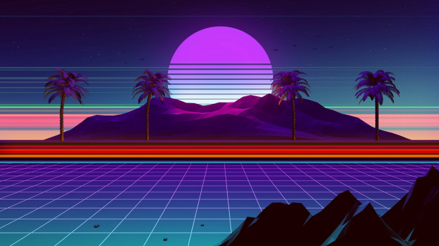 Retro palm mountains sunset synthwave free wallpaper - medium preview image