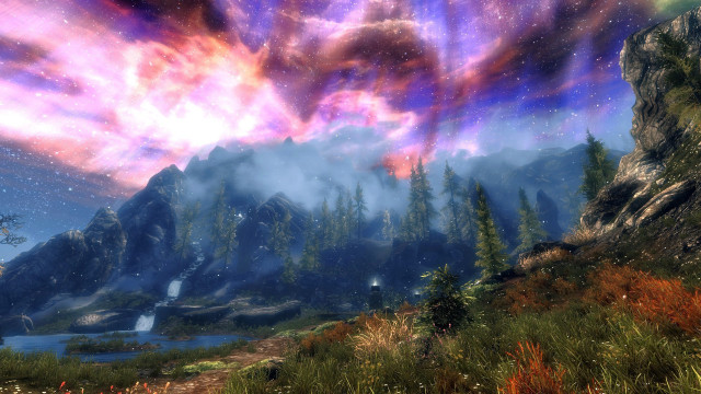 Mountain lake trees stars clouds free wallpaper - medium preview image