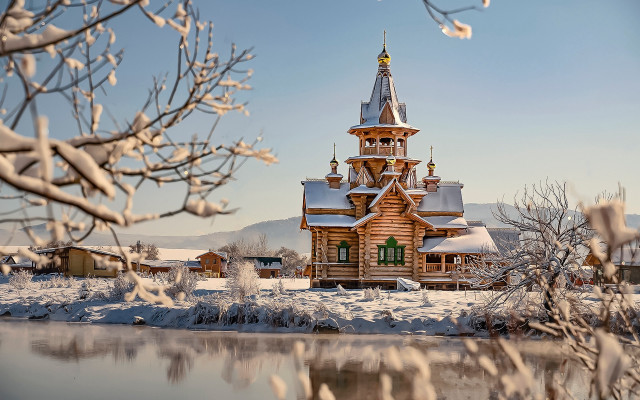 Wooden tower clock snow lake free wallpaper - medium preview image