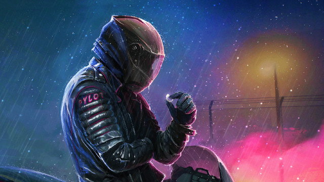 Gas mask motorcycle rain cyberpunk free wallpaper - medium preview image