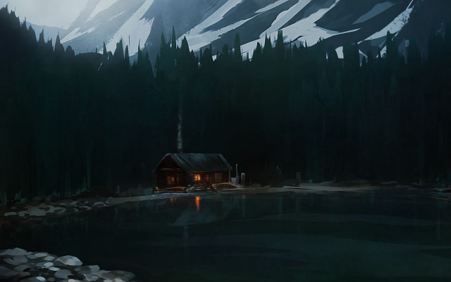 Cabin woods lake night mountains free wallpaper - medium preview image