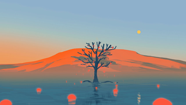 Tree lake mountain sky moon free wallpaper - medium preview image
