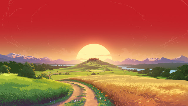 Sunset field road hill house free wallpaper - medium preview image