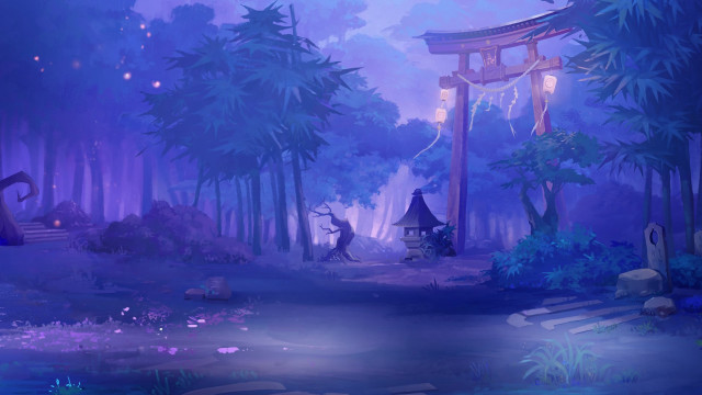 Forest pagoda pond lantern night free wallpaper - medium preview image