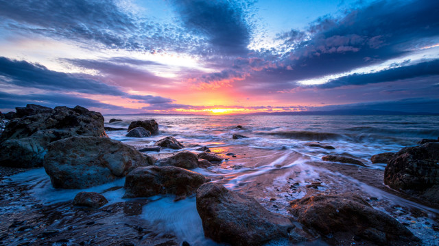 Sunset ocean rocks water shore free wallpaper - medium preview image