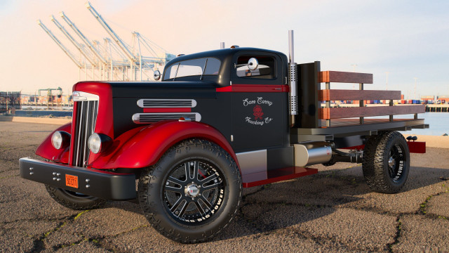 Red black truck beach pier free wallpaper - medium preview image