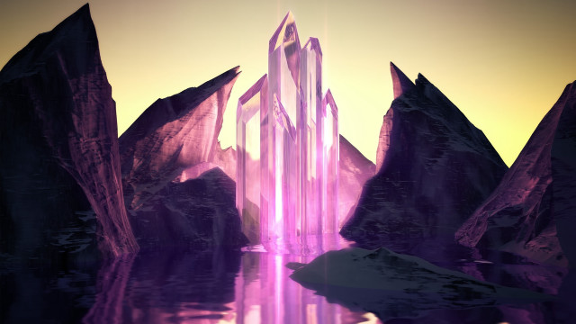 Futuristic landscape waterfall mountains sunset free wallpaper - medium preview image