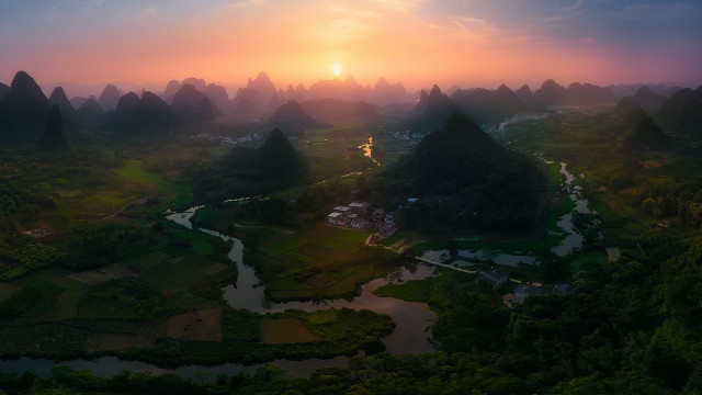 Sunset valley mountains river trees #2 free wallpaper - medium preview image