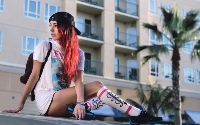 Red haired woman skateboard urban free wallpaper - medium preview image