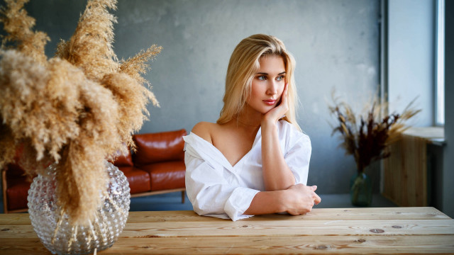 Blonde woman flower vase indoor free wallpaper - medium preview image