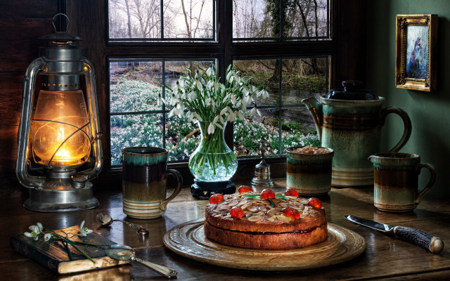 Cake table vase flowers stilllife free wallpaper - medium preview image