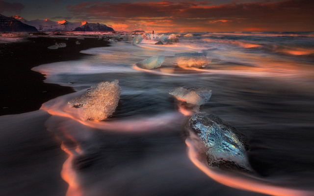 Beach waves sunset mountains mystical free wallpaper - medium preview image