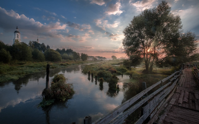 Wooden bridge river lighthouse sunset free wallpaper - medium preview image