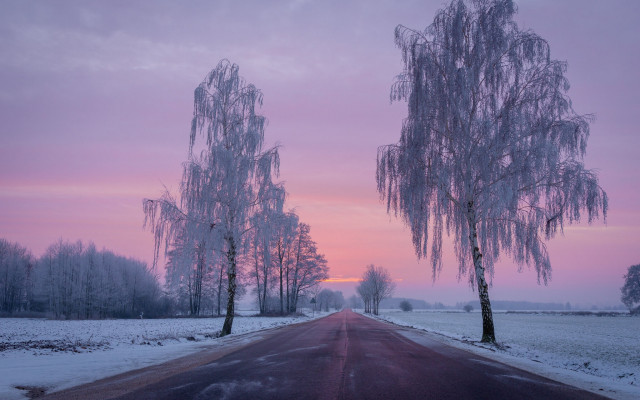 Snowy road pink sky mountain free wallpaper - medium preview image