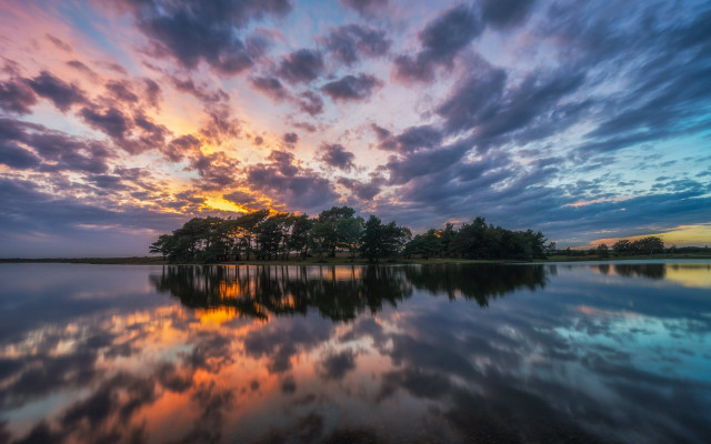 Lake trees sunset clouds bridge free wallpaper - medium preview image
