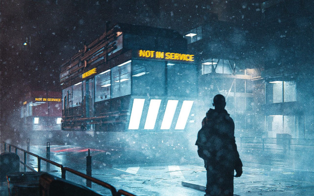Rainy night bus neon cyberpunk free wallpaper - medium preview image