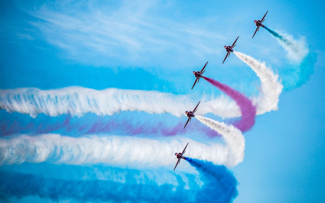 Four airplanes colored smoke blue free wallpaper - medium preview image