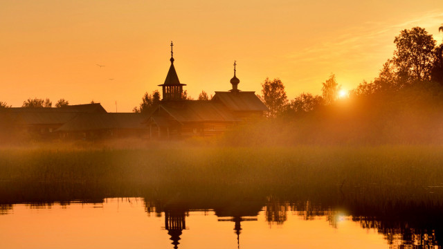Lake church fog sunset trees free wallpaper - medium preview image