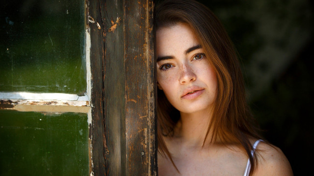 Woman looking window green background free wallpaper - medium preview image