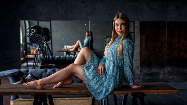 Woman blue dress sitting studio free wallpaper - medium preview image