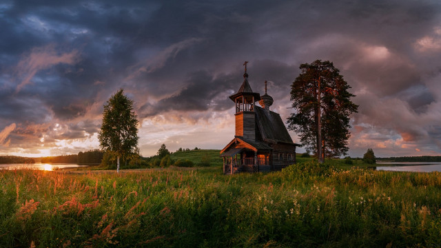 Church field sunset clouds lake free wallpaper - medium preview image